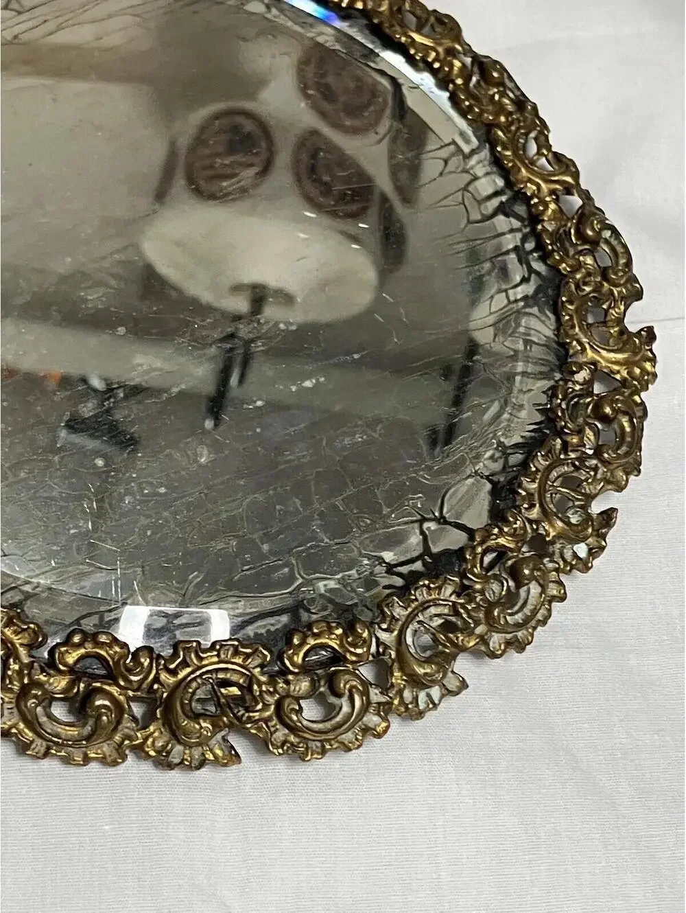 Vintage Brass Vanity Mirror Tray Round Ornate Handle